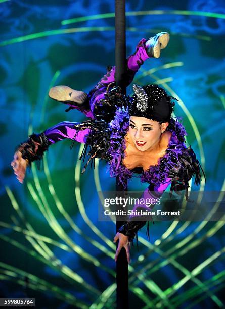 Artists perform at the dress rehearsal for Cirque Du Soleil's "Amaluna" at The Big Top, Intu Trafford Centre on September 6, 2016 in Manchester,...