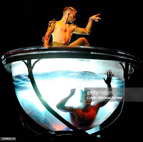 Evgeny Kurkin performs at the dress rehearsal for Cirque Du Soleil's "Amaluna" at The Big Top, Intu Trafford Centre on September 6, 2016 in...