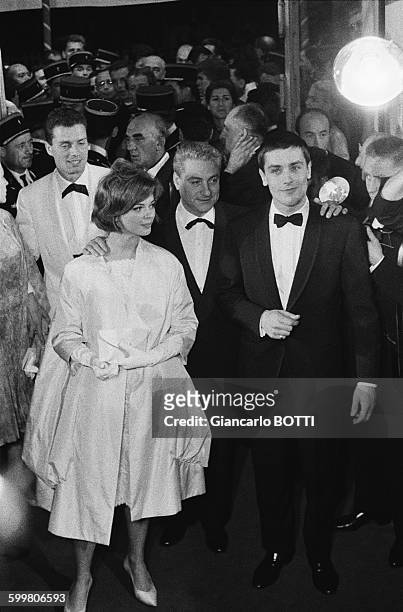 Director René Clément With Actors Barbara Lass And Alain Delon At Cannes Film Festival For The Presentation Of The Movie 'Quelle Joie De Vivre' In...