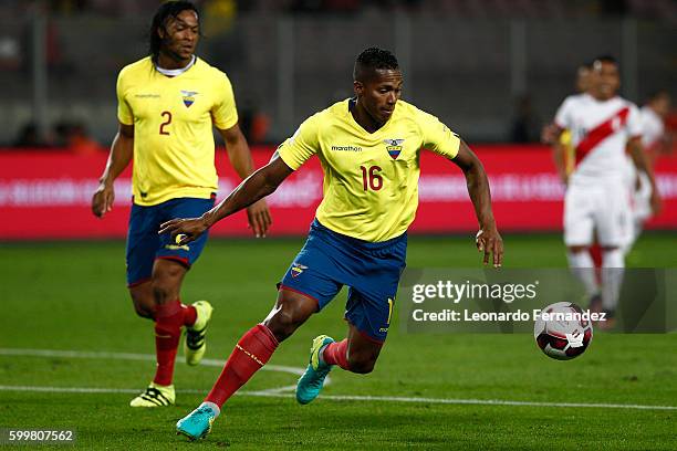 Antonio Valencia of Ecuador goes for the ball during a match between Peru and Ecuador as part of FIFA 2018 World Cup Qualifiers at Nacional Stadium...