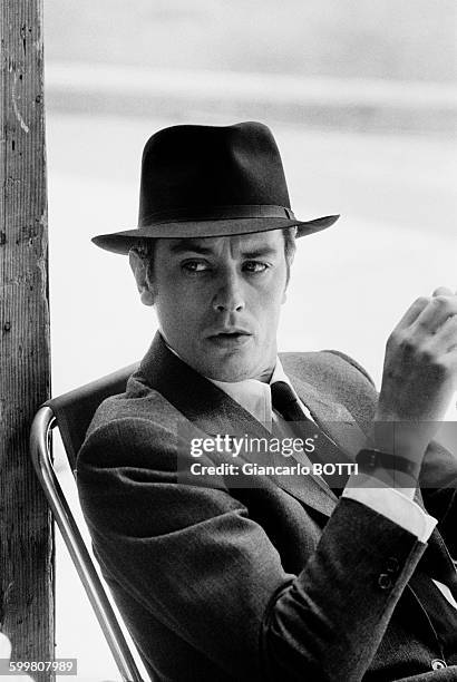 French actor Alain Delon on the set of the crime thriller film 'The Samourai' directed by Jean-Pierre Melville in France, in July 1967 .