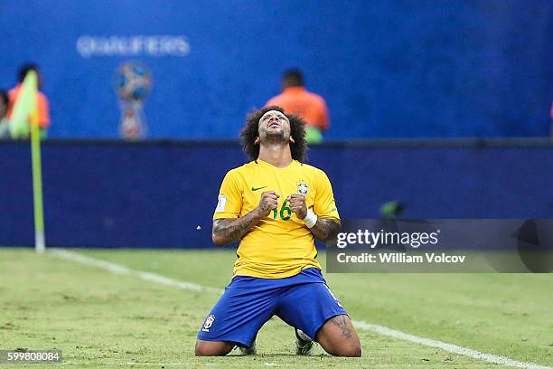 Marcelo of Brazil celebrates during a match between Brazil and Colombia as part of FIFA 2018 World Cup Qualifiers at Arena Amazonia Stadium on...