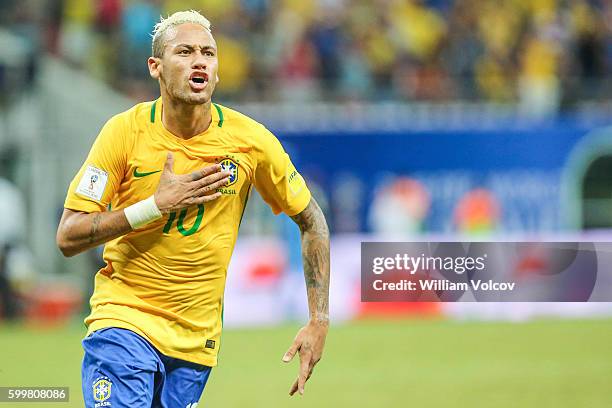 Neymar Jr of Brazil celebrates after scoring the second goal of his team during a match between Brazil and Colombia as part of FIFA 2018 World Cup...