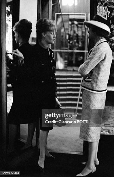 Actress Jeanne Moreau with French fashion icon Coco Chanel at rue Cambon, in Paris, France, in 1960 .