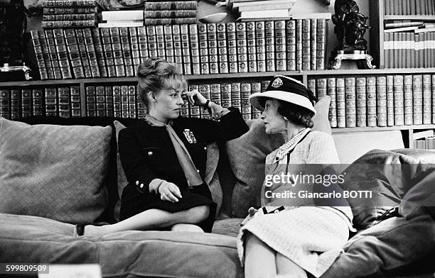 Actress Jeanne Moreau with French fashion icon Coco Chanel at rue Cambon, in Paris, France, in 1960 .