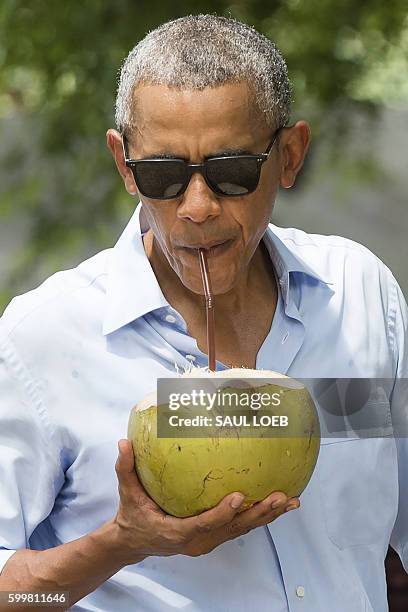 President Barack Obama drinks from a coconut as he makes a surprise stop for a drink alonside the Mekong River in Luang Prabang on September 7, 2016....