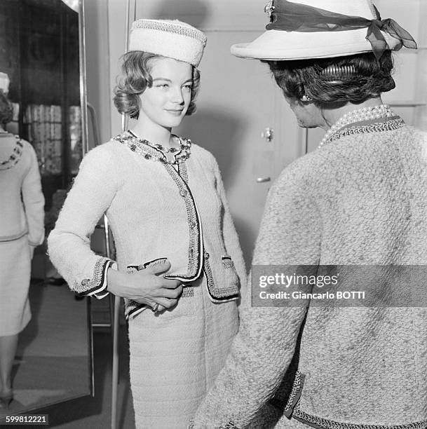 Austrian born actress Romy Schneider with legendary French fashion designer Coco Chanel at her apartment rue Cambon in 1960 in Paris, France .