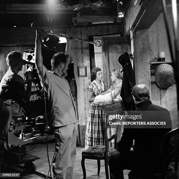 Actresses Suzy Delair and Maria Schell on the Set of the Movie 'Gervaise' Directed by René Clement in Paris, France, in 1956 .