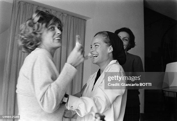 Austrian born actress Romy Schneider and Melina Mercouri on the set of the drama film '10:30 P.M. Summer' , directed by Jules Dassin in 1964 in Spain...