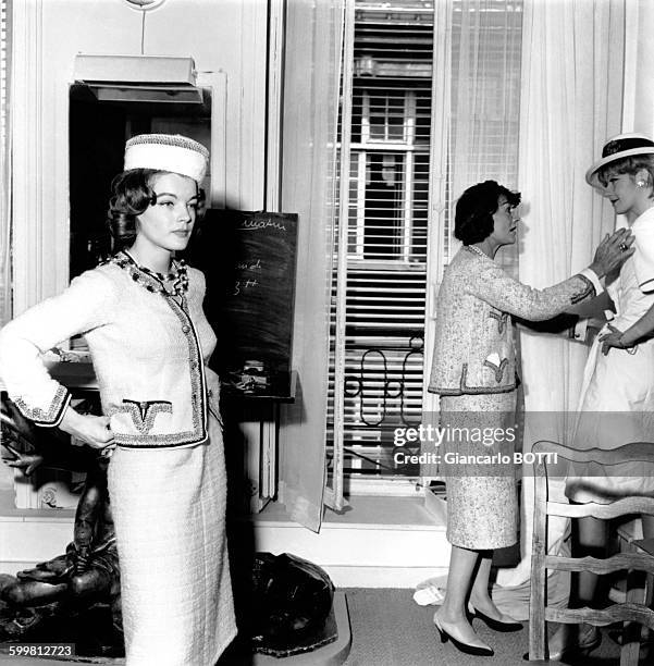 Austrian born actress Romy Schneider with legendary French fashion designer Coco Chanel at her apartment rue Cambon in 1960 in Paris, France .