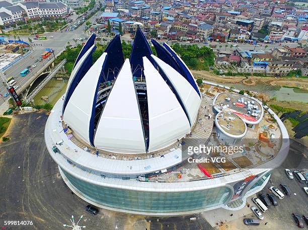 Aerial view of the world's largest lotus-shaped retractable dome in the urban area of Zhangjiajie on September 5, 2016 in Zhangjiajie, Hunan Province...