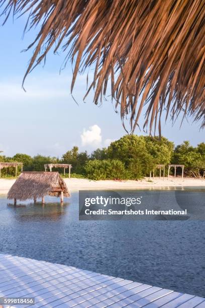 idyllic image of the caribbean sea with pristine waters, white sand, beach huts and a wooden jetty - cayo santa maria stock pictures, royalty-free photos & images