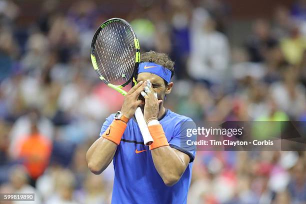 Open - Day 7 Rafael Nadal of Spain reacts after missing a shot at the net at 6-6 in the fifth set tie break during his loss against Lucas Pouille of...
