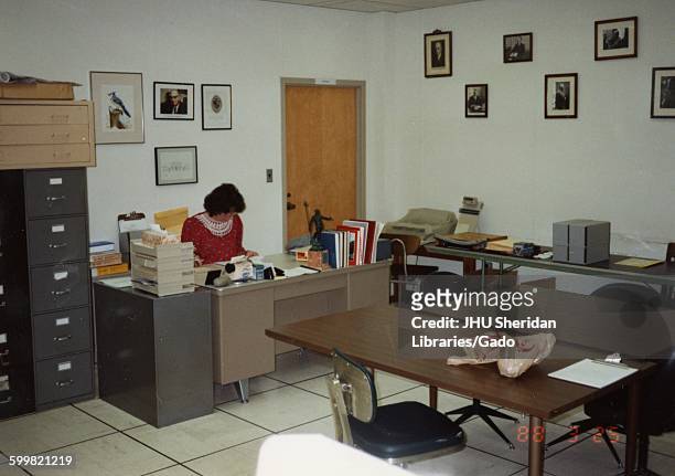 Archives, Ferdinand Hamburger Jr, Julia Boublitz Morgan, Reading room in Archives, D Level, MSE Library, Julia Morgan seated at desk, 1988.