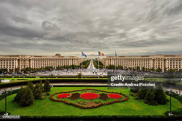 parliament palace in bucharest, romania - romanian flag stock pictures, royalty-free photos & images