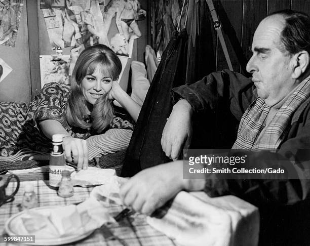 Movie still of Robert Morley and Nathalie Delon during the film When Eight Bells Toll, 1971.