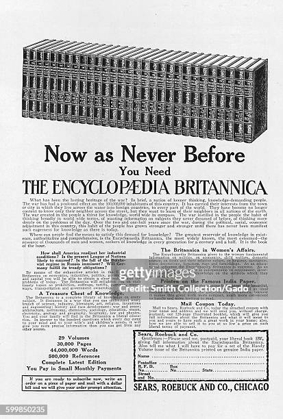 Encyclopedia Britannica, advertisement from the Sears Roebuck Company, with image of a line of bound books, 1922.