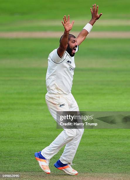 Jeetan Patel of Warwickshire appeals during Day Two of the Specsavers County Championship Division One match betwen Somerset and Warwickshire at The...