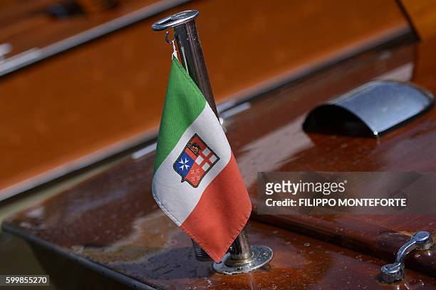 Picture shows details of a wooden taxi boat at the Excelsior Hotel during the 73rd Venice Film Festival on September 7, 2016 at Venice Lido. / AFP /...
