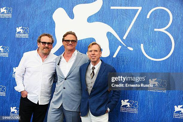 Colm Meaney, Nick Hamm and Timothy Spall attend a photocall for 'The Journey' during the 73rd Venice Film Festival at Palazzo del Casino on September...