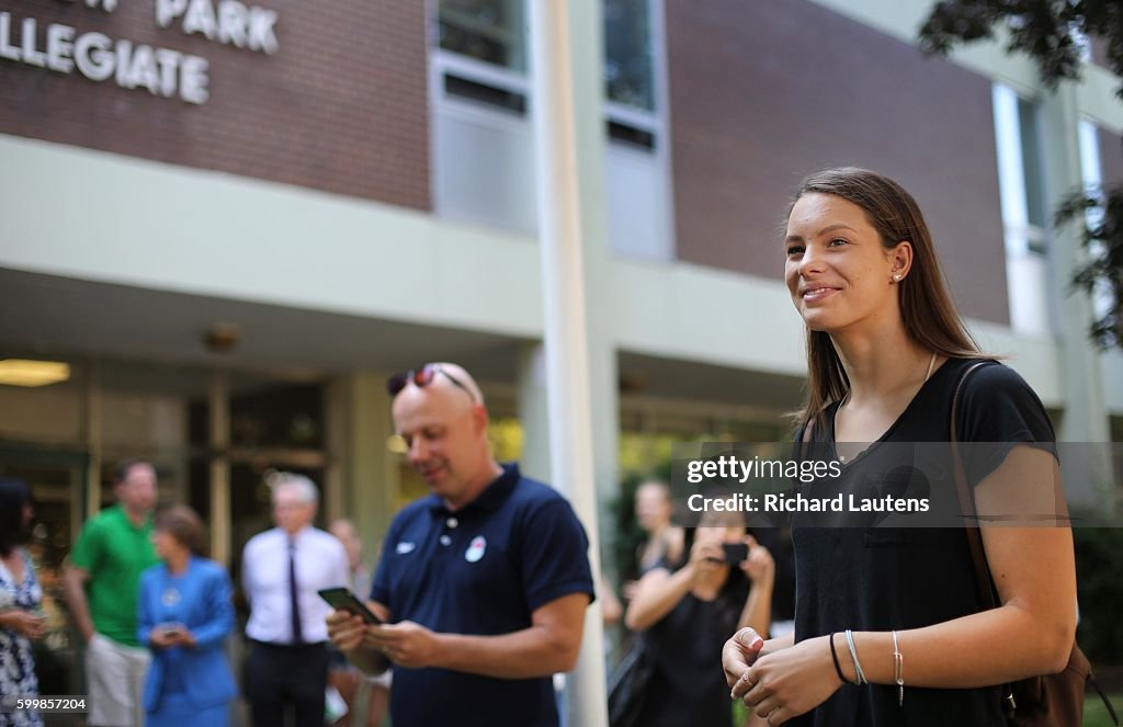 Penny Oleksiak, Canadian Swimming Quadruple Olympic Medallist Returned To Monarch Park Collegiate in East York.