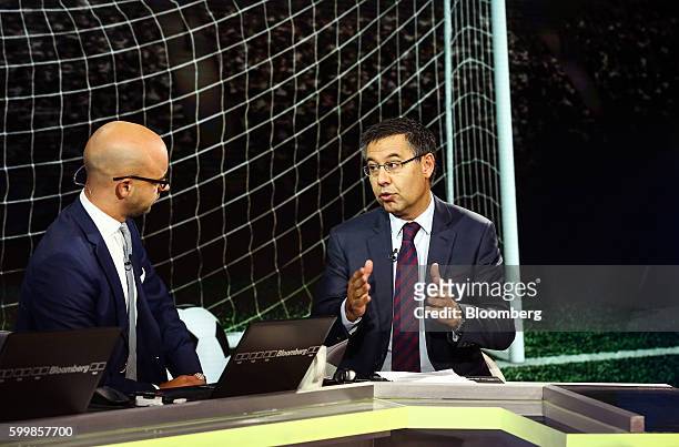 Josep Maria Bartomeu, president of FC Barcelona, right, speaks during a Bloomberg Television interview in New York, U.S., on Wednesday, Sept. 7,...