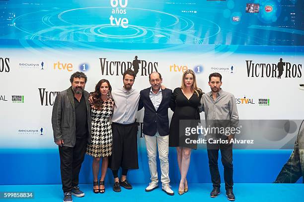 Spanish actors Paco Tous, Paula Prendes, Carles Francino, Tomas del Estal, Carolina Bang and Javier Godino attend "Victor Ros" photocall at Escoriaza...