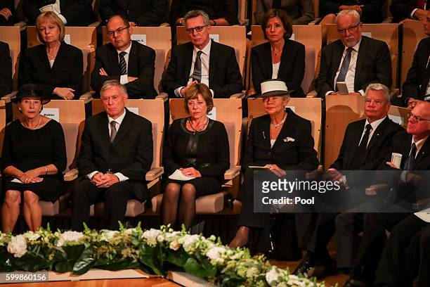Eva Koehler, Horst Koehler, Daniela Schadt, widow Barbara Scheel and Joachim Gauck attend the memorial service of late former German President Walter...
