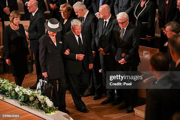 Widow Barbara Scheel and Joachim Gauck attend the memorial service of late former German President Walter Schee at the Philharmonic on September 7,...