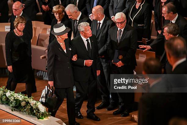 Widow Barbara Scheel and Joachim Gauck attend the memorial service of late former German President Walter Schee at the Philharmonic on September 7,...