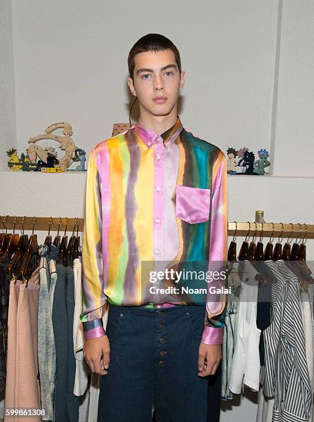 Model prepares backstage at the Rachel Comey fashion show during New York Fashion Week September 2016 on September 7, 2016 in New York City.