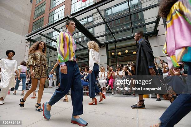 Taylor Schilling, Greta Lee, Rashida Jones, Morgan Saylor and Leandra Medine attend Rachel Comey presentation during New York Fashion Week on...