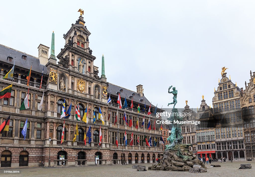 Frontal view of the Antwerp City Hall and Brabo