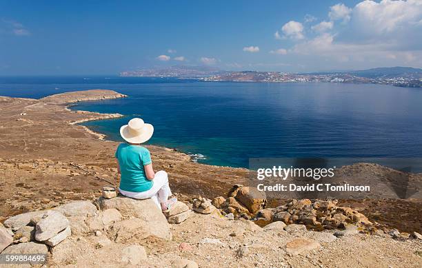 visitor admiring view from mount kynthos, delos - delos stock-fotos und bilder