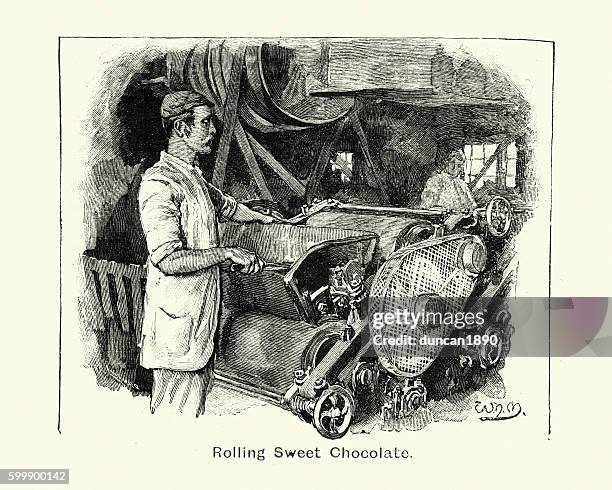 illustrations, cliparts, dessins animés et icônes de chocolatier victorien roulant du chocolat sucré. 1894 - bristol angleterre