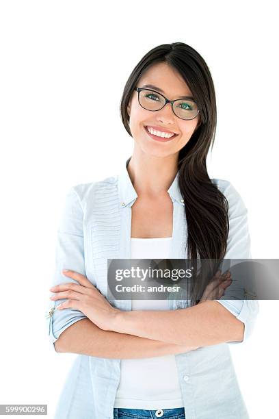 latin american woman wearing glasses - woman white background glasses stock pictures, royalty-free photos & images