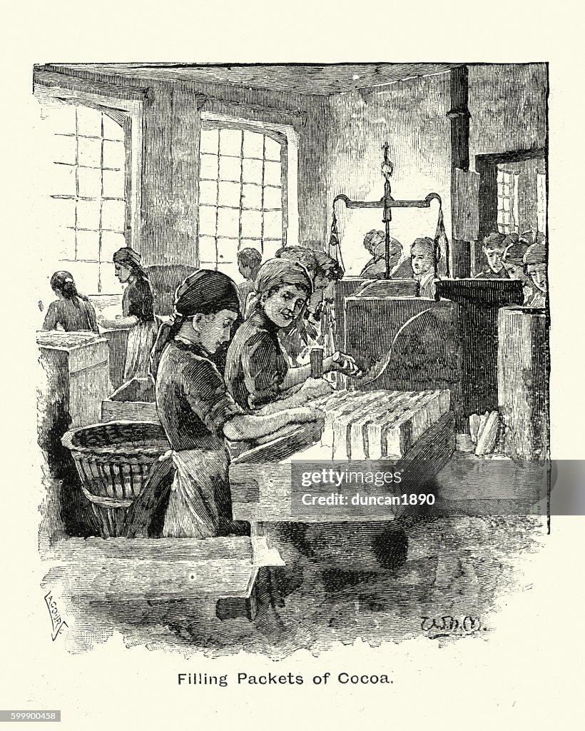 Mujeres llenando paquetes de cacao en la fábrica de chocolate de Fry, 1894