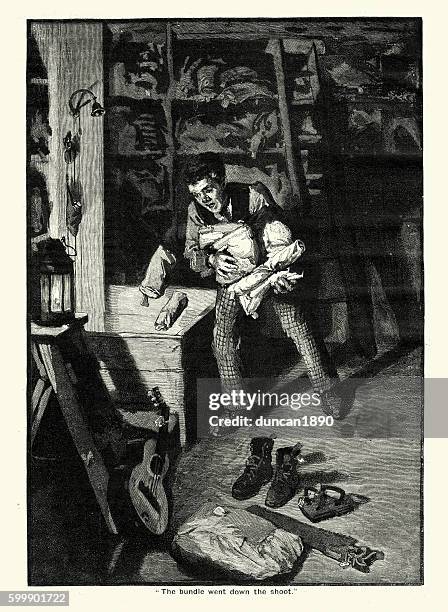 victorian warehouseman droping parcels down a shoot - mailroom stock illustrations