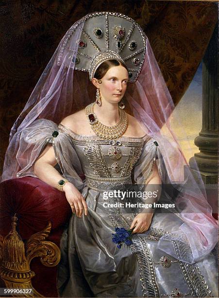 Portrait of Empress Alexandra Fyodorovna , in kokoshnik, ca 1836. Found in the collection of State History Museum, Moscow. Artist : Krüger, Franz .