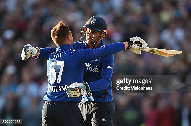 Jason Roy of England reaches his century and is embraced by Alex Hales during the 2nd Royal London ODI between England and Sri Lanka at Edgbaston on...