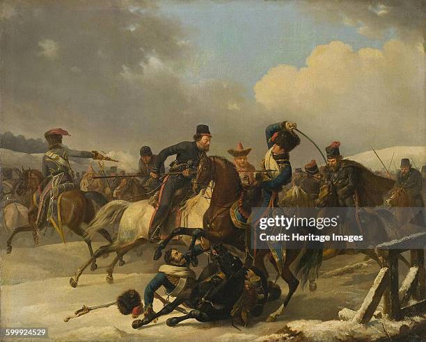 Cossacks pursued retreating French soldiers 1827. Found in the collection of State Hermitage, St. Petersburg. Artist : Desarnod, Auguste-Joseph .