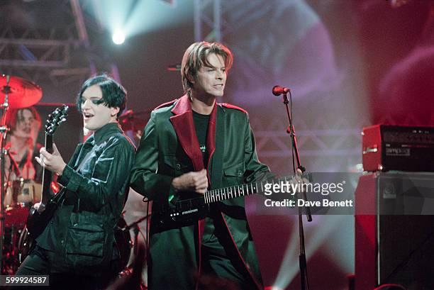 English singer-songwriter David Bowie performing at the 1999 Brit awards at the London Arena, 16th February 1999.