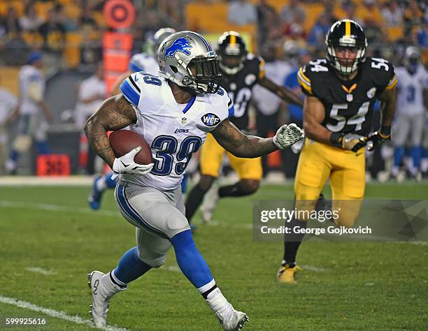 Running back Stevan Ridley of the Detroit Lions runs with the football during a National Football League preseason game against the Pittsburgh...