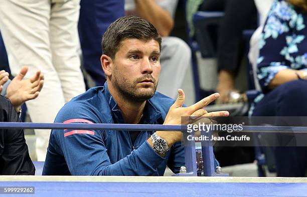 Daniel Vallverdu. Coach of Grigor Dimitrov of Bulgaria attends his match during day 8 of the 2016 US Open at USTA Billie Jean King National Tennis...