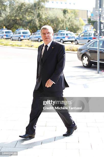 President of the International Olympic Committee Thomas Bach arrives for the Memorial Ceremony in honor of former state president Walter Scheel on...