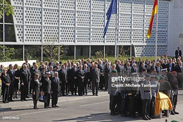 Barbara Scheel together with Germans State President Joachim Gauck and Daniela Schadt follow during the Memorial Ceremony in honor of former state...