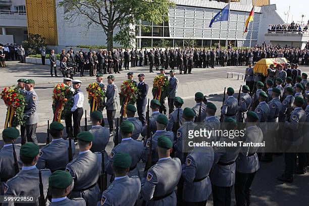 Barbara Scheel together with Germans State President Joachim Gauck and Daniela Schadt follow during the Memorial Ceremony in honor of former state...