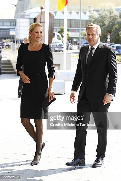 Former Germans State President Christian Wulff and his Wife Bettina arrive for the Memorial Ceremony in honor of former state president Walter Scheel...