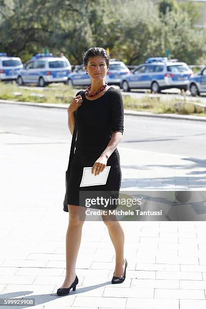 Germans Member of the left wing party in Parliament Sahra Wagenknecht arrives for the Memorial Ceremony in honor of former state president Walter...