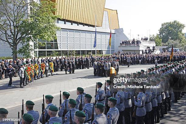 Barbara Scheel together with Germans State President Joachim Gauck and Daniela Schadt follow during the Memorial Ceremony in honor of former state...